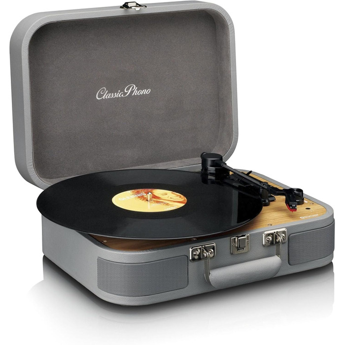 Програвач вінілу Lenco Classic Phono TT-116 Bluetooth, 3 швидкості, вінтажний стиль, RCA вихід, стерео динаміки, сірий