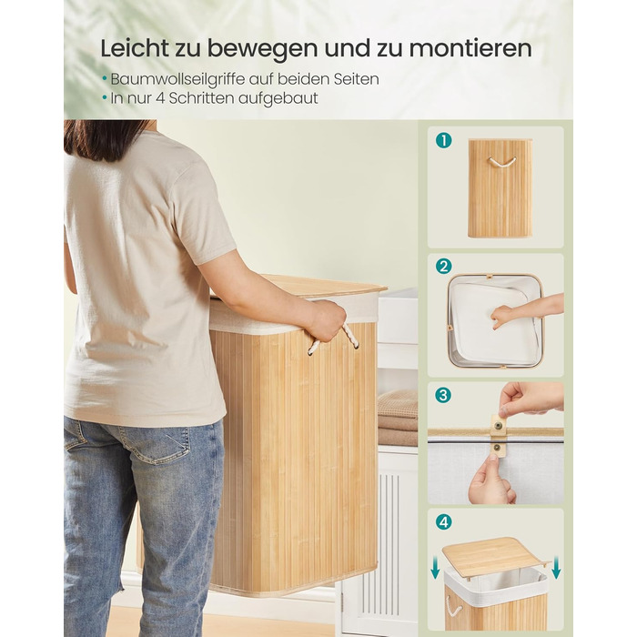 Кошик для білизни SONGMICS 95 л з кришкою, бамбук, з ручками, складний, знімний мішок, придатний для прання, для ванної кімнати, натуральний колір