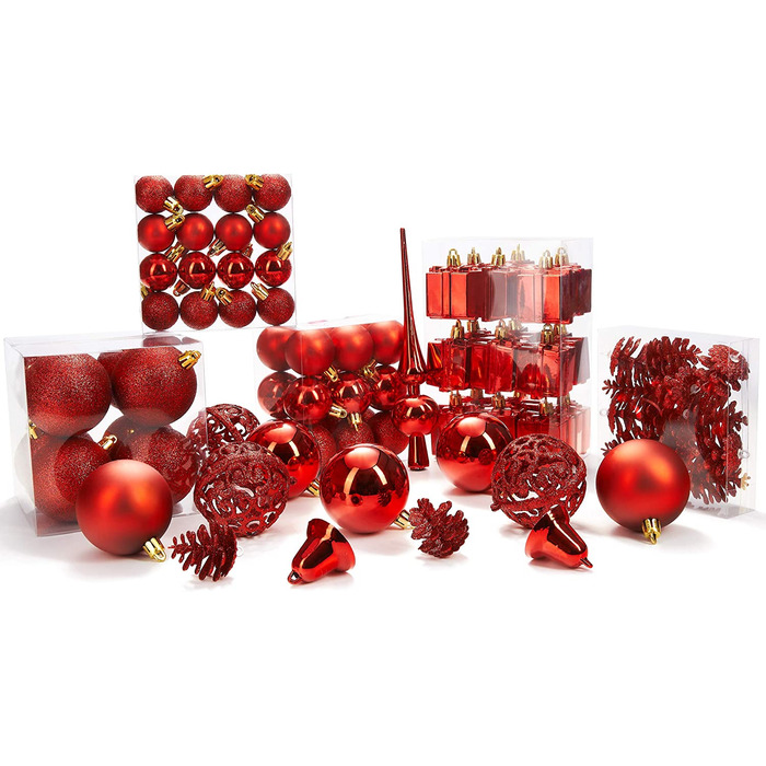 Набір різдвяних дрібничок BRUBAKER з 101 предмета, прикрашений ялинковими прикрасами з мережива дерева (червоний)