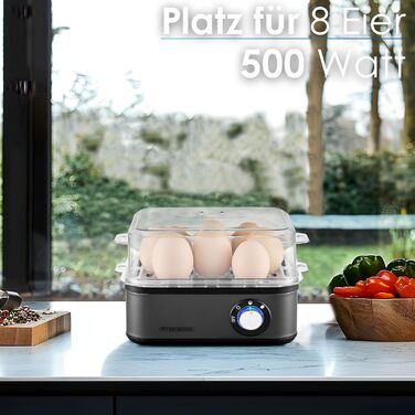Електричний яйцеварка на 1-8 яєць з підігрівом, з нержавіючої сталі, 500 Вт, 3 ступені нагріву, без BPA, придатний для миття в посудомийній машині, LED-перемикач, міцний та довговічний