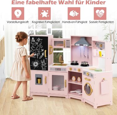 Дерев'яна дитяча кухня COSTWAY з підсвічуванням та звуком, кутова кухня з дошками, мікрохвильовою піччю, раковиною, духовкою та місцем для зберігання, з аксесуарами, іграшкова кухня для дітей від 3 років (білий/рожевий)