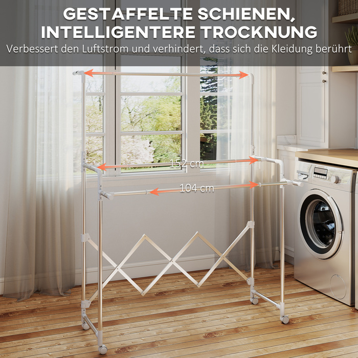 Сушарка для білизни HOMCOM, складана з 3 регульованими перекладинами, металева турбосушарка на коліщатках, турбосушарка для білизни для використання в приміщенні та на вулиці