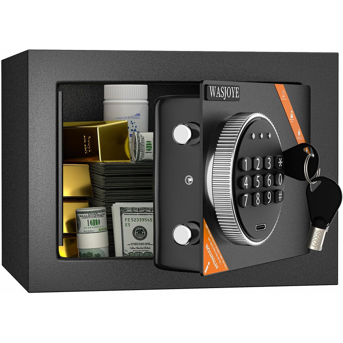 Міні-сейф WASJOYE для дому: компактний сейф з ключем та кодовим замком, 6.6L, для зберігання грошей, документів та цінностей