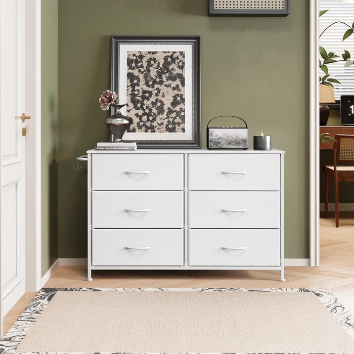 Комод Flur з 6 висувними ящиками з тканини - промисловий комод для вітальні з металу - комод для передпокою в стилі рустік - комод для спальні з тканини для одягу - білий 100x30x65 см, 6 ящиків - 100x30x65 см білий