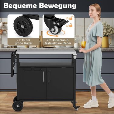 Grillwagen COSTWAY Outdoor: гриль-стіл з нержавіючою сталлю, відкидним бічним столиком, шафкою, 6 гачками та ручкою, до 100 кг, металевий столик для кемпінгу, пікніків, вечірок на відкритому повітрі, 127 x 50 x 84 см