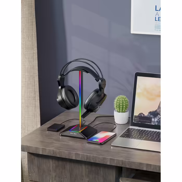 Підставка для навушників New Bee з RGB підсвіткою, USB Type-C зарядкою та передачею даних, універсальний тримач для геймерських навушників, чорний