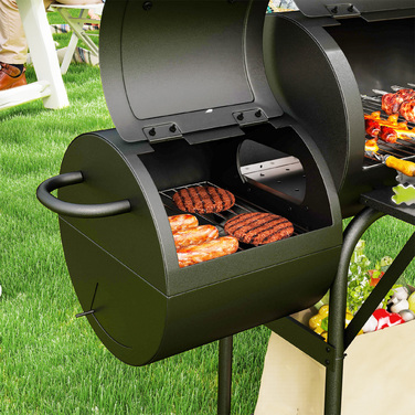 Сталевий вугільний гриль Outsunny BBQ Smoker з кришкою, термометром, колесами, полицею, рухомий гриль-візок з регулюванням подачі повітря, вугільний кошик, вугільний гриль для барбекю, кемпінгу, саду 109x60x120 см | Aosom