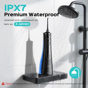 COSLUS Електрична душова лійка: 20 бар, IPX7, водонепроникна, 4 режими для догляду за порожниною рота, 5 інтенсивностей, чорна