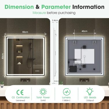 Дзеркало для ванної кімнати S'bagno з підсвічуванням Bluetooth, 100x70 см, LED, антизапар, регулювання кольору, пам'ять, HD скло, IP44, горизонтальне/вертикальне