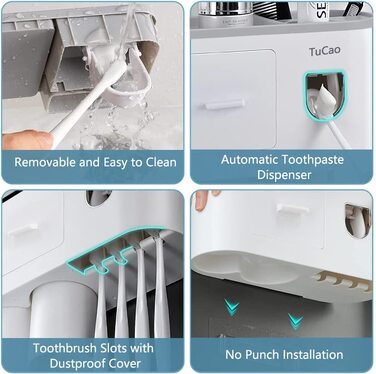 Автоматичний дозатор зубної пасти TuCao з тримачем для зубних щіток, настінний, 7 слотів, 3 чашки, органайзер