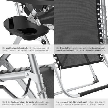 Тектейк® Розкладна сонцелюстра, шезлонг для саду з сонцезахисним дахом, вуличний крісло для балкона або саду, лежак з додатковою товстою подушкою, розслаблюючий лежак, витримує до 200 кг - (1 шт. - з сонцезахисним дахом, чорний)