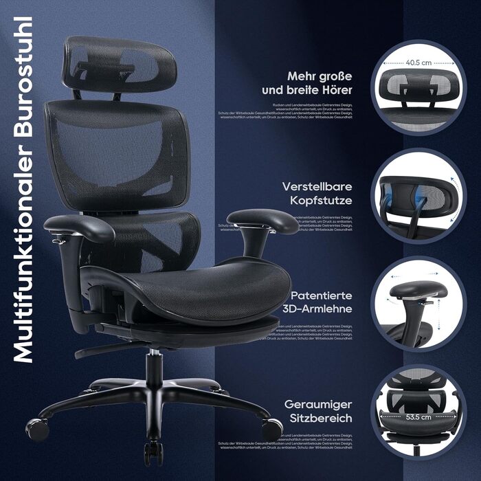 Органічний офісний крісло COLAMY з підніжкою, 3D підлокітниками, підголівником, підтримкою попереку та дихаючою сіткою - для офісу та дому, чорний