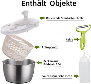 Салатниця-центрифуга XXL з нержавіючої сталі 5л, з очищувачем та пляшкою для віджиму - придатна для миття в посудомийній машині - ідеальна велика салатниця для миття та сушіння салату