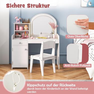 Дзеркальний столик для макіяжу Dreamade 2 в 1 для дівчаток з пуфом та LED-підсвіткою, з ящиком, полицею та шафкою, з дерева (білий)