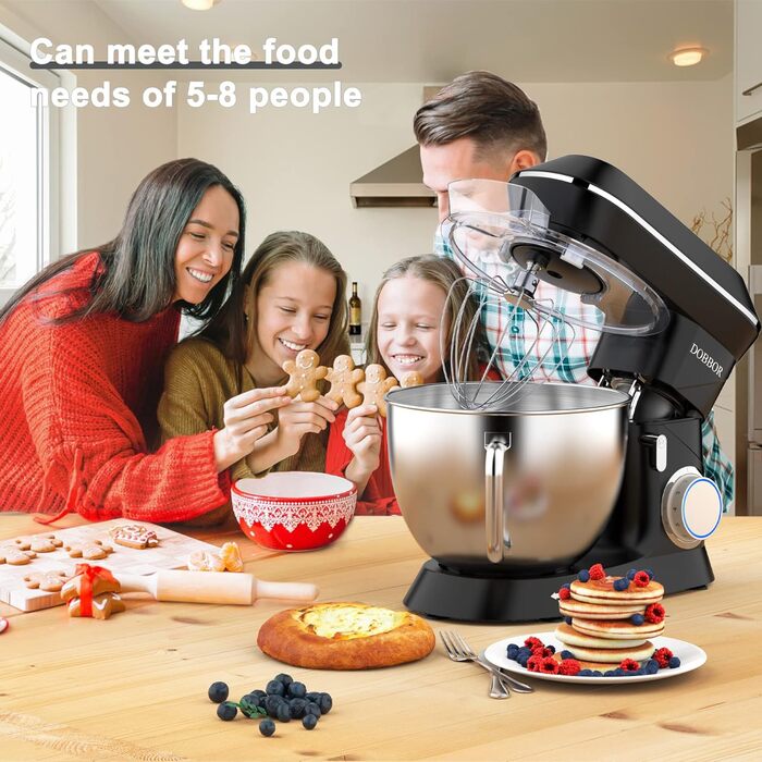 Кухонна машина 9.5л з планетарним міксером, 1500W, DOBBOR, з набором насадок (міксер, гак для тіста, вінчик), захист від бризок, 7 швидкостей, чорний колір