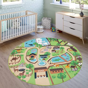 Дитячий килимок для дитячої кімнати, ігровий килимок, зоопарк з тигром, ведмедем, левом, барвистий, розмірØ 160 см Круглий, бежевий, 10-348-4-1252 Ø 160 см Круглий бежевий
