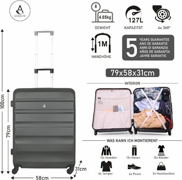 Валіза для ручної поклажі Aerolite 55x35x20 см валіза з твердою оболонкою 34L ABS легка дошка для багажу з 4 колесами для Ryanair, easyJet, Lufthansa та багатьох інших з 5-річною гарантією, вугілля (79см/XL, вугільно-сірий)
