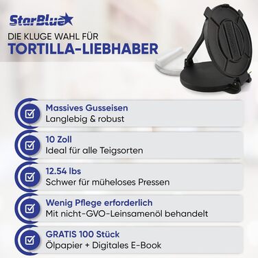 Пресс для тортилій зі сталі StarBlue 10 дюймів (25 см) з 100 шт. паперу для випікання та електронною книгою з рецептами - для приготування чіпаті, тортильї, роті