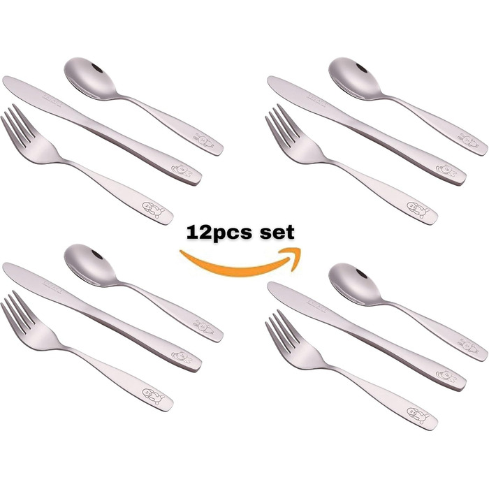 Набір дитячого столового прибору Exzact Edelstahl (12 шт.) - 4 виделки, 4 ножі, 4 ложки (Собака, Кіт, Заєць)