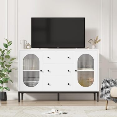 Буфет-шафа FirFurd 120 см білий з робочою поверхнею, 2 скляні дверцята та 3 висувні ящики для кухні, вітальні, їдальні. Розміри: 120x38x80 см