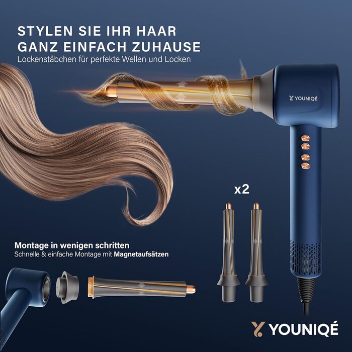 Мультифункціональний фен для волосся 5-в-1 з іонною технологією, набір насадок (локони, випрямлення, дифузор, концентратор), 1600W, LED-дисплей, 4 режими температури, магнітні насадки, Блакитний/Золотий