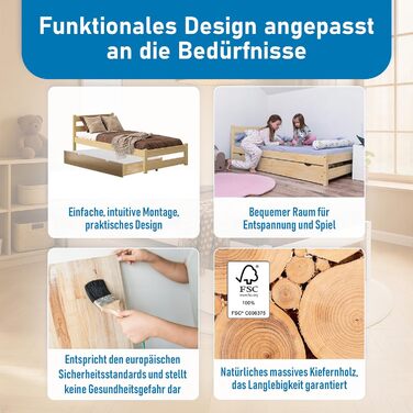 Ліжко дитяче Вробель Kinderbett 90x200 см з 2 ящиками та ламелями - односпальне ліжко з масиву сосни - ліжко Монтессорі для дітей - ліжко-ліжко для підлітків білого кольору - без матрацу