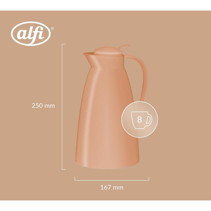 Термос Alfi ECO 1.0л з термоізоляційним скляним вкладишем, пластиковий корпус, кришка з кнопкою, зручний для наливання однією рукою, для кави та чаю, BPA-free (Абрикосовий)