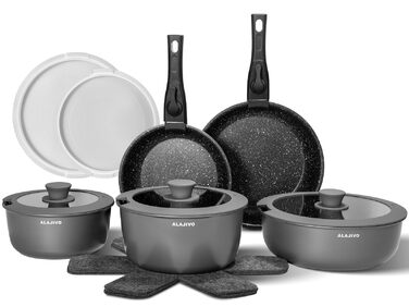 Набір посуду 17 частин з знімним ручками, антипригарне покриття, для всіх типів плит, включаючи індукційні, сумісний з духовкою (сірий)