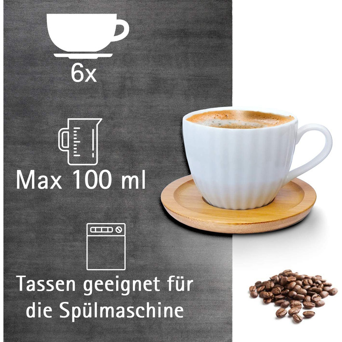 Набір кавових чашок 6 чашок (100 мл) 6 підставок, порцеляна під дерево, біла, модель 1