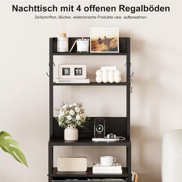 Нічний столик з підзарядкою та LED, приліжний столик з 3 висувними ящиками з тканини, нічник з полицею для книг, відкрите відділення, 2 розетки AC, 1 USB та 1 Type C роз'єми, для спальні, вітальні, офісу (Чорний) 40x30x60 см Чорний 1