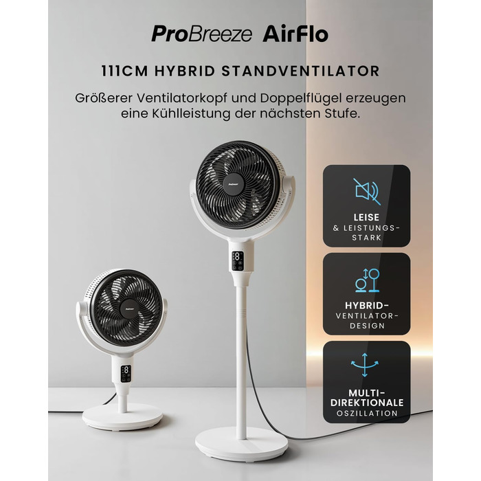 Вентилятор Pro Breeze AirFlo Standventilator 109см з пультом керування та LED-дисплеєм – 2 режими, осциляція, 29 дБ, регульована висота, енергоефективний для спальні, офісу та дому