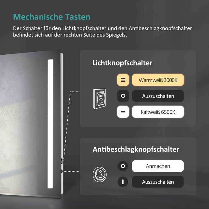 Дзеркало для ванної кімнати EMKE з підсвічуванням 60x80 см, 2 кольори світла, антизапарник, вимикач-кришка, IP44, енергозберігаюче LED, 60L x 80B см