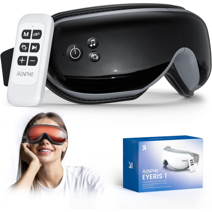 Масажер для очей RENPHO Eyeris 1 з пультом, підігрівом, вібрацією та Bluetooth, акумуляторний. Для сухих очей, подарунок для жінок та чоловіків (чорний)