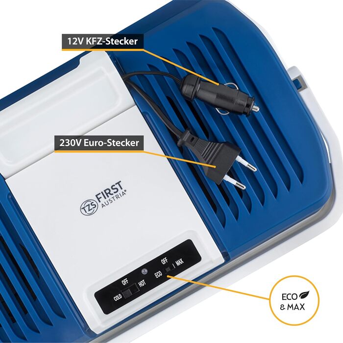 Електричний охолоджувач TZS First Austria 24 літри Підключення 12 вольт і 230 вольт з вилкою 12 В для автомобіля для кемпінгу, фестивалів і подорожей з функцією охолодження та збереження тепла сірий (24 л Синій)