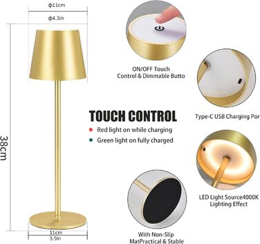 Бездротова лампа настільна LED з регулюванням яскравості та 3 колірними температурами, сенсорне керування, зарядка USB-C, для дому, відпочинку та кемпінгу (G1pack-gold)