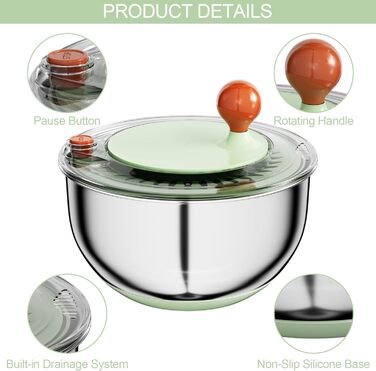 Швидка салатниця-швидкообертач з нержавіючої сталі з кришкою, для миття та сушіння овочів та фруктів