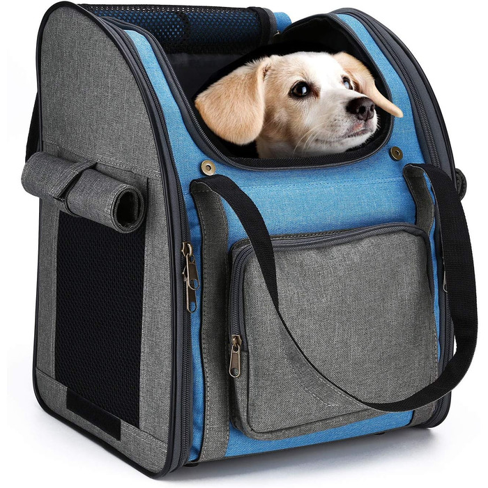 Рюкзак для кішок HAPPY HACHI, портативний рюкзак для домашніх тварин, складаний рюкзак для перенесення кішок з сітчастим вікном, водонепроникний рюкзак для цуценят, сумка для собак (сірий і синій)