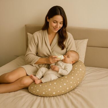 Подушка для вагітних Totsy Baby Stillkissen XXL 190 см - подушка для годування, боку, тіла, з бавовни, Oeko-Tex, бежево-біла зі зірками