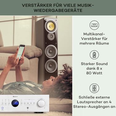 Міні-підсилювач Auna HiFi Stereo, 4 канали, низькі та високі частоти, пульт дистанційного керування, AUX, AV ресивер (сріблястий)