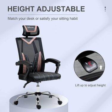 Крісло офісне Vinsetto Ergonomic з сітчастою спинкою, роліками, підтримкою попереку та шиї, регулюванням висоти та нахилу, 58x62.5x112-120см, Рожеве