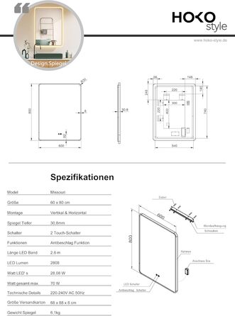 LED дзеркало для ванної кімнати HOKO Texas 60x80 см / 80x60 см з підсвічуванням, протитуманним покриттям та чорним металевим каркасом. Можливість встановлення вгору та вбік. Сенсорне керування + світло, регулювання кольору 2700-6500K (тепле, холодне, нейт