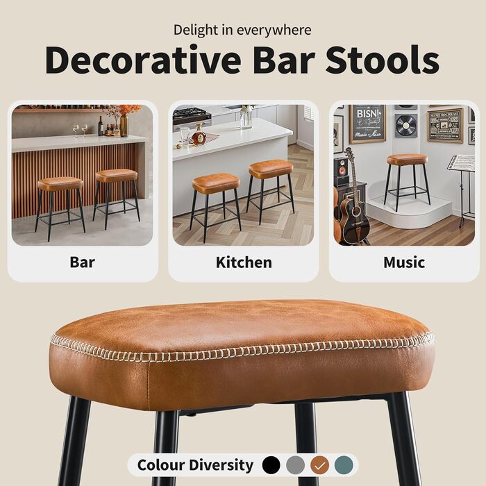 Набір з 2 барних стільців з мікрофібри, ретро дизайн, висота 62.5 см, без спинки, сірий (коричнева шкіра)