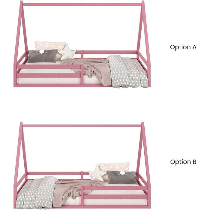 Домашнє ліжко IDIMEX SILA з масиву сосни, красиве ліжко Монтессорі 90 х 200 см, стійке дитяче ліжечко із захистом від падіння та дахом рожевого кольору