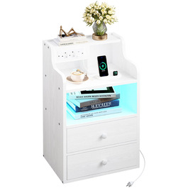 Нічний столик IRONCK з LED-підсвіткою, розеткою та функцією зарядки, з ящиками, білий.