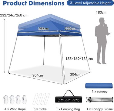 Альтанка KOMFOTTEU складна, садова альтанка регулюється по висоті 232/246/260 см, альтанка з навісом переносна з сумкою для зберігання, садовий намет водонепроникний і захист від сонця (синій)
