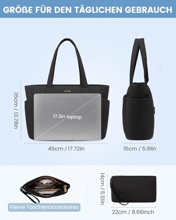 Сумка для ноутбука LOVEVOOK 15.6 дюймів, жіноча: шопер, велика робоча сумка, для навчання, офісу, школи (17.3 дюйми, чорна)