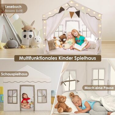 Дитячий намет MAMIZO для гри в приміщенні з килимком, прапорцями та світлом, 136x95x133 см. Ідеальний намет-ігровий будиночок для дітей, підходить для хлопчиків та дівчаток, кремового кольору.