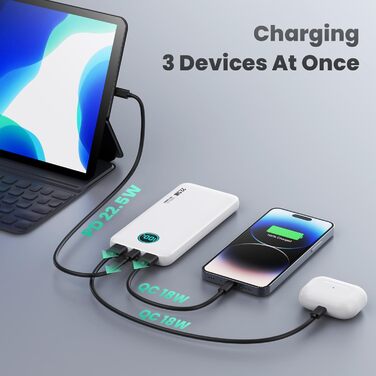 Швидкий зарядний пристрій 22.5 Вт, PD3.0 QC4.0 USB-C, LCD дисплей, 3 виходи, білий, 10800mAh