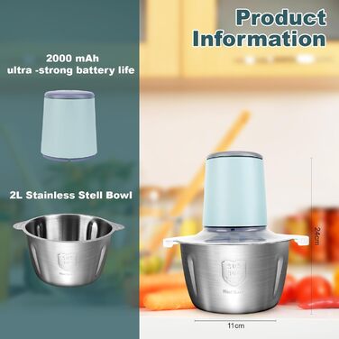 Електричний подрібнювач для кухні з великою ємністю 148W: 2 швидкості, 2л контейнер з нержавіючої сталі, 4 ножі з нержавіючої сталі. Подрібнювач для м'яса, цибулі, фруктів та овочів