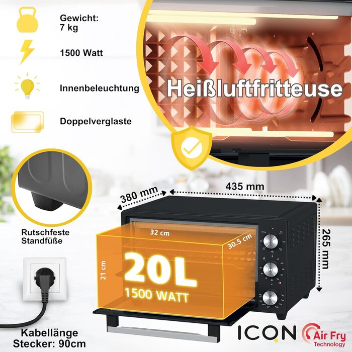 Міні-піч ICQN 20L з конвекцією, грилем та таймером, 1500W, IQ M2051R02N